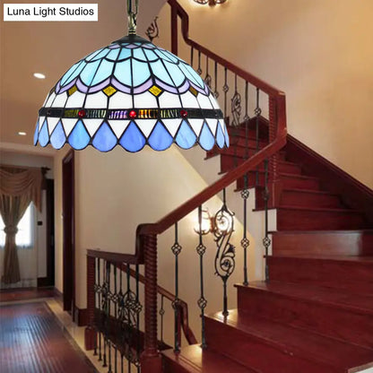 Dining Table Hanging Lights - Floral Shade Pendant Ceiling Lamp in Blue with Tiffany Style Art Glass Shade