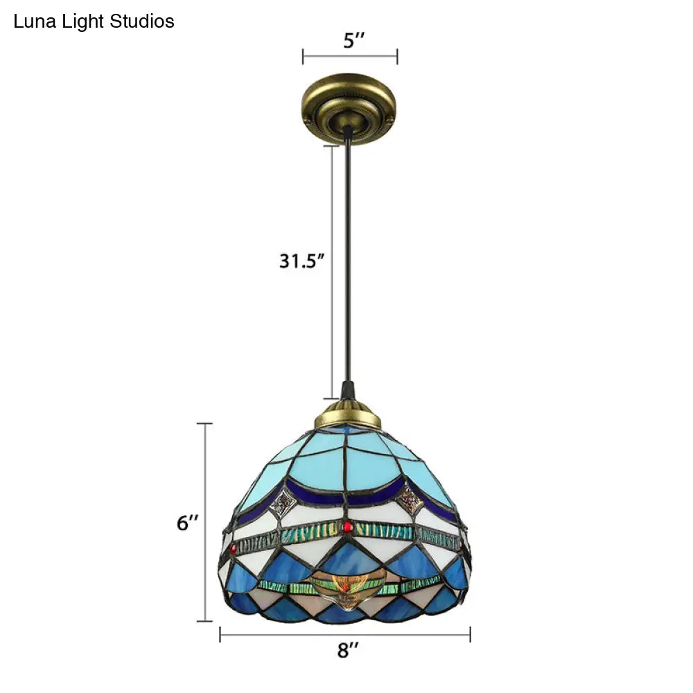 Dining Table Hanging Lights - Floral Shade Pendant Ceiling Lamp in Blue with Tiffany Style Art Glass Shade