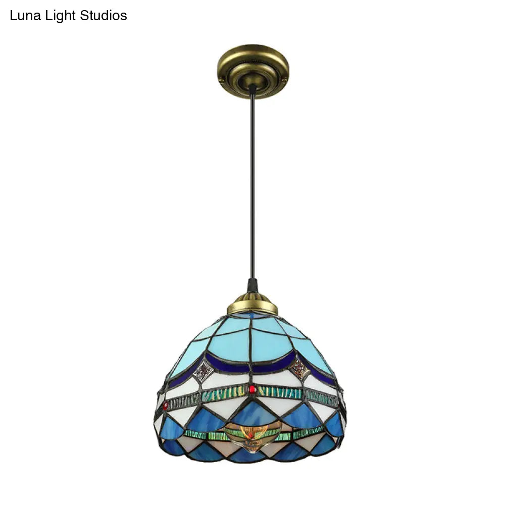 Dining Table Hanging Lights - Floral Shade Pendant Ceiling Lamp in Blue with Tiffany Style Art Glass Shade