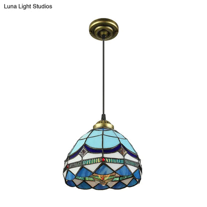 Dining Table Hanging Lights - Floral Shade Pendant Ceiling Lamp in Blue with Tiffany Style Art Glass Shade