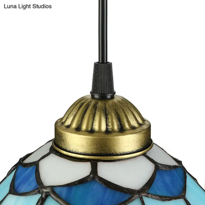 Dining Table Hanging Lights - Floral Shade Pendant Ceiling Lamp in Blue with Tiffany Style Art Glass Shade