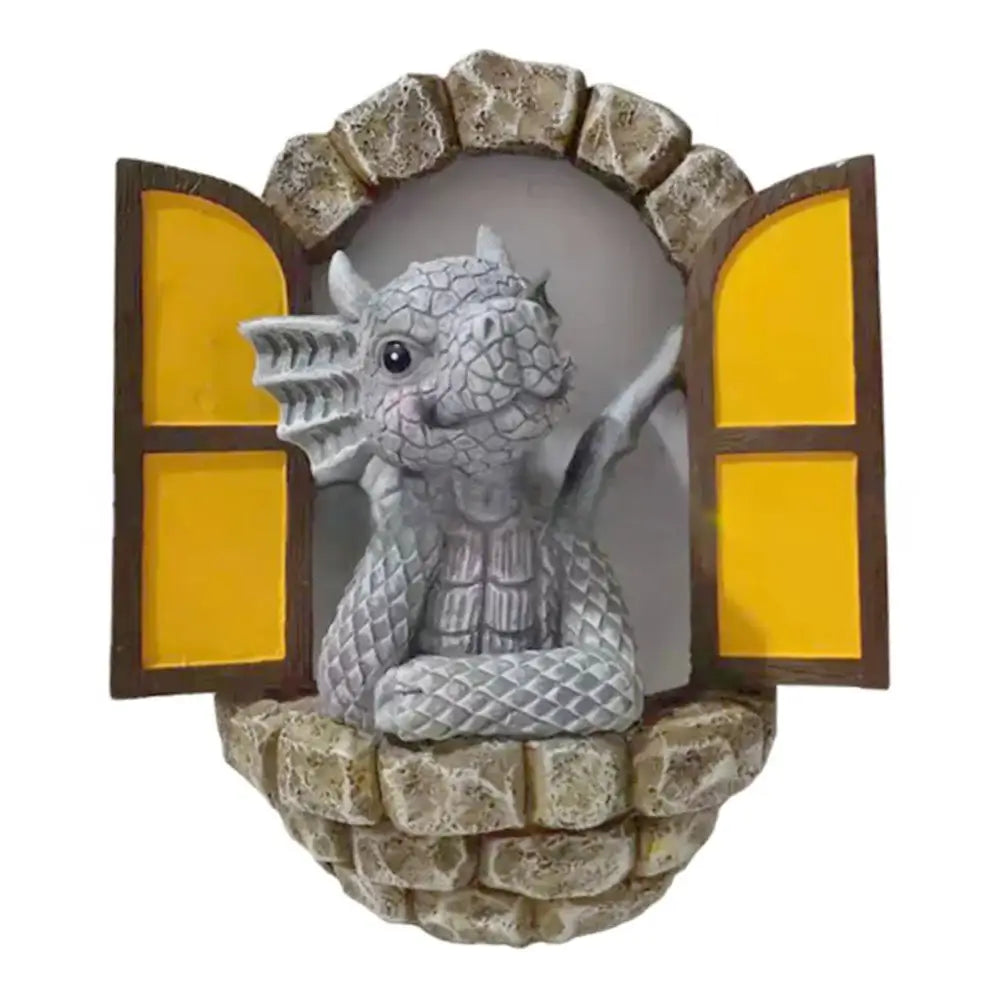 Gray dragon dino garden sculpture with textured scales inside stone-framed window decorbites dino garden outdoor decor