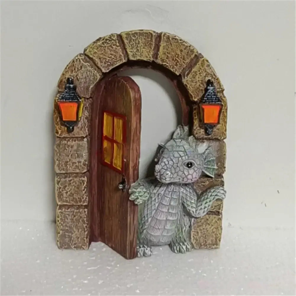 A gray textured dino garden sculpture with greenish scales peeks behind a stone arch door with orange lanterns decorbites dino garden