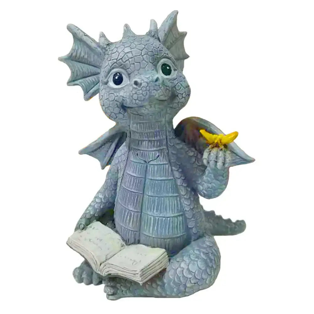 A charming gray dino garden sculpture dragon figurine holding a book and butterfly perfect for fun dinosaur decor
