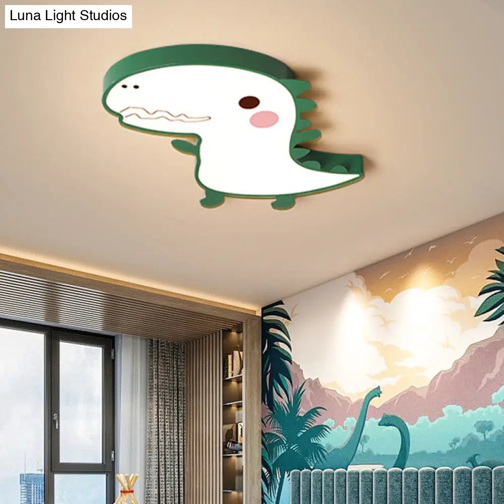 DecorBites™ Dinosaur Flushmount Lamp: Pink/Green Cartoon LED Ceiling Light with Acrylic Diffuser (Warm/White)