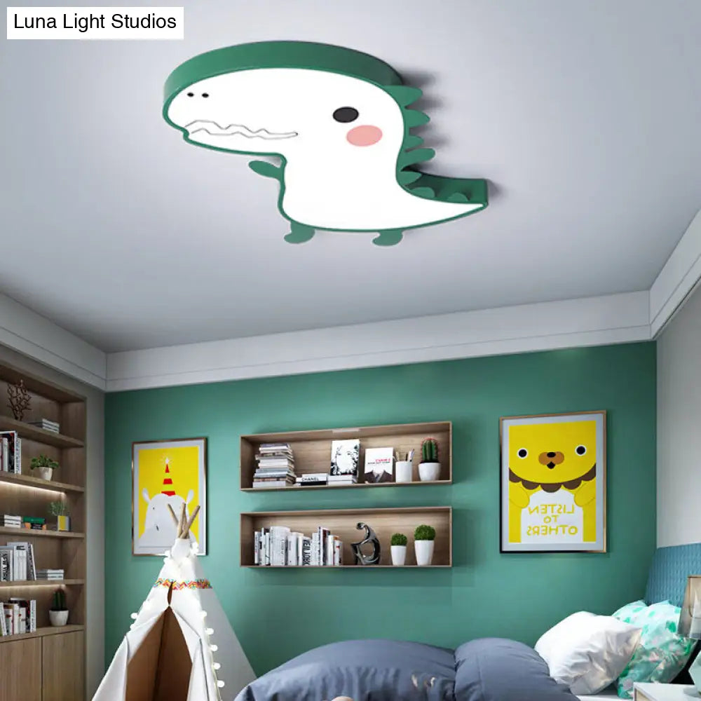 DecorBites™ Dinosaur Flushmount Lamp: Pink/Green Cartoon LED Ceiling Light with Acrylic Diffuser (Warm/White)