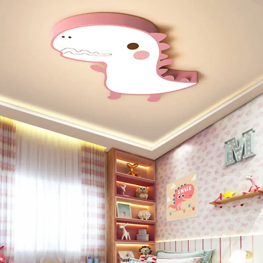 DecorBites™ Dinosaur Flushmount Lamp: Pink/Green Cartoon LED Ceiling Light with Acrylic Diffuser (Warm/White)