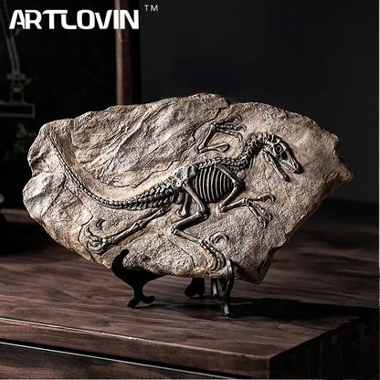 Artlovin™ dinosaur fossil resin craft sculpture with detailed skeletal imprint on textured stone and dark metallic stand decorbites dinosaur fossil