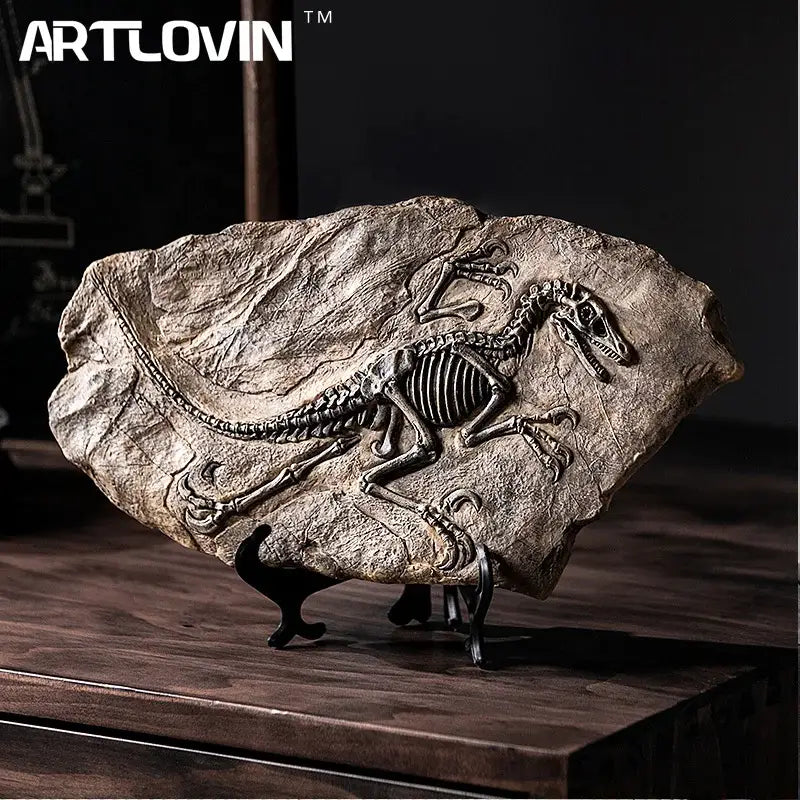 Artlovin™ dinosaur fossil resin craft sculpture with detailed skeletal imprint on textured stone and dark metallic stand decorbites dinosaur fossil