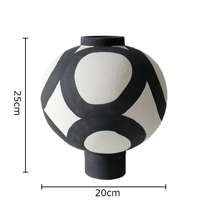 Round 25cm tall distressed black and white ink painting ceramic vase with abstract geometric decorbites ink painting design