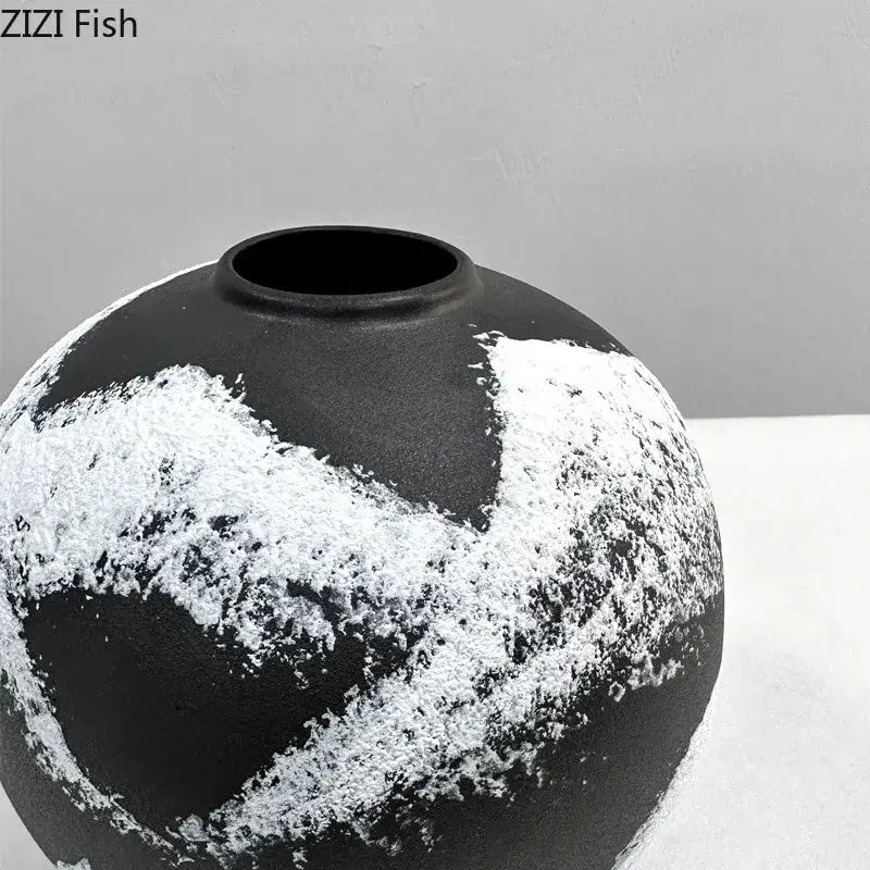 Black ceramic painting ceramic vase with textured abstract white ink painting decorbites ink painting design for living room decor