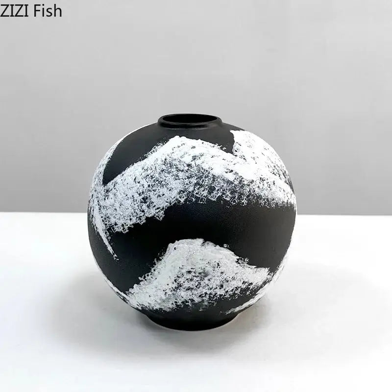 Distressed black and white ink painting ceramic vase with abstract brushstroke patterns for living room decorbites ink painting