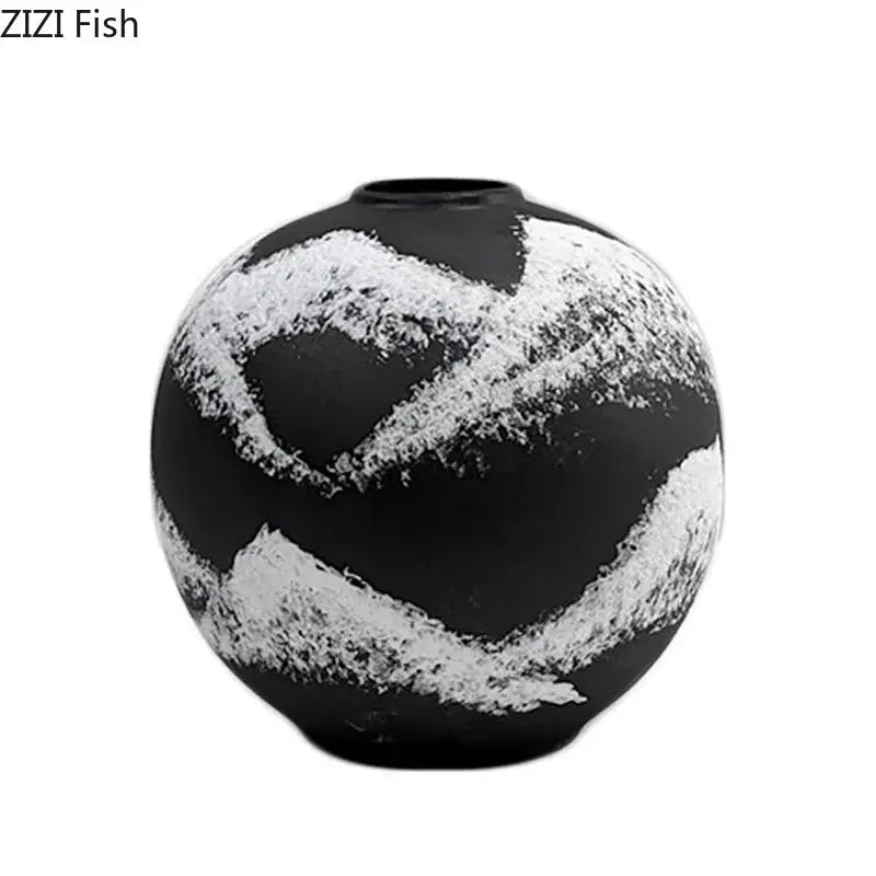 Black ceramic painting vase with textured white abstract brushstroke patterns for living room decorbites ink painting decor