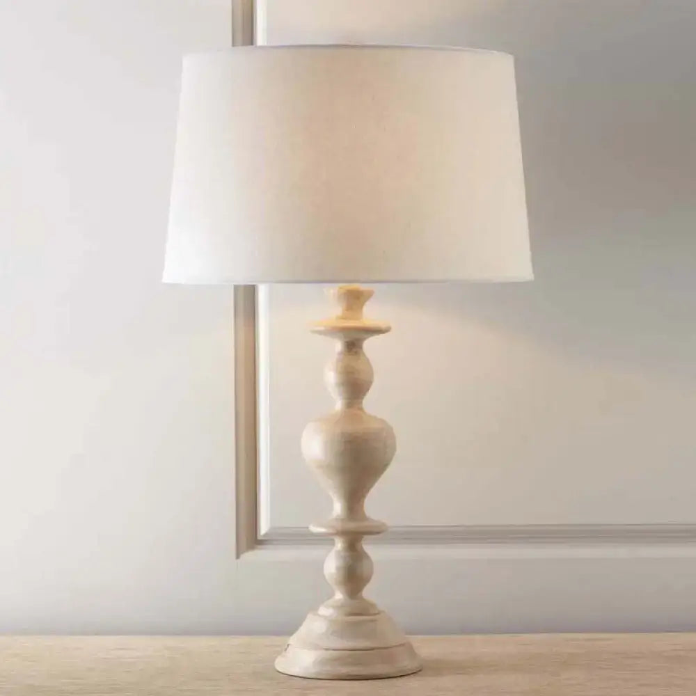 DecorBites tapered fabric table lamp cream distressed wood base white shade ideal for bedroom nightstands 110v-120v compatible
