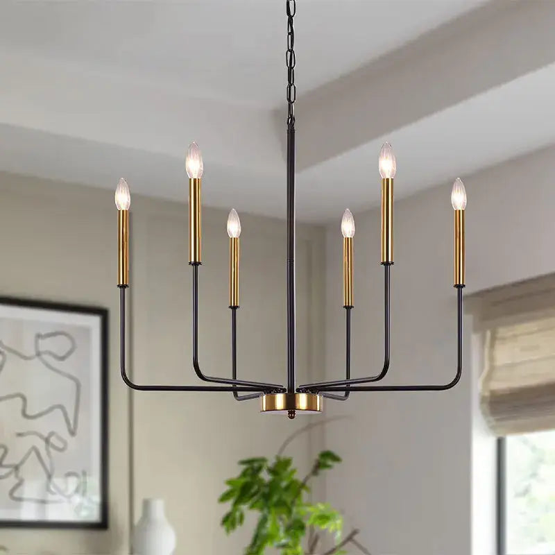 Distressed silver iron candle chandelier with black and brass six-bulb design for dining room decorbites iron candle
