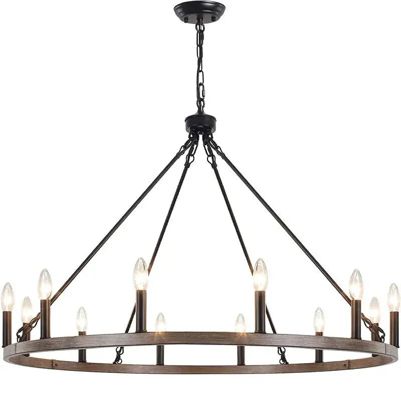 Black wrought iron candle chandelier with rustic wooden ring and twelve bulbs from decorbites iron candle collection