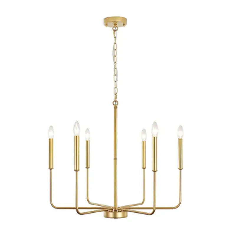 Gold-finished decorbites iron candle chandelier with eight candle-style bulbs in sleek modern design for dining room decor