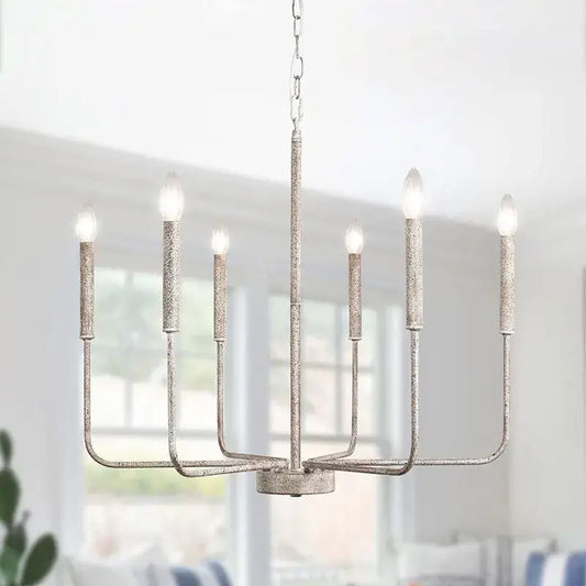 Distressed silver iron candle chandelier with six candle-style bulbs for dining room decorbites iron candle lighting
