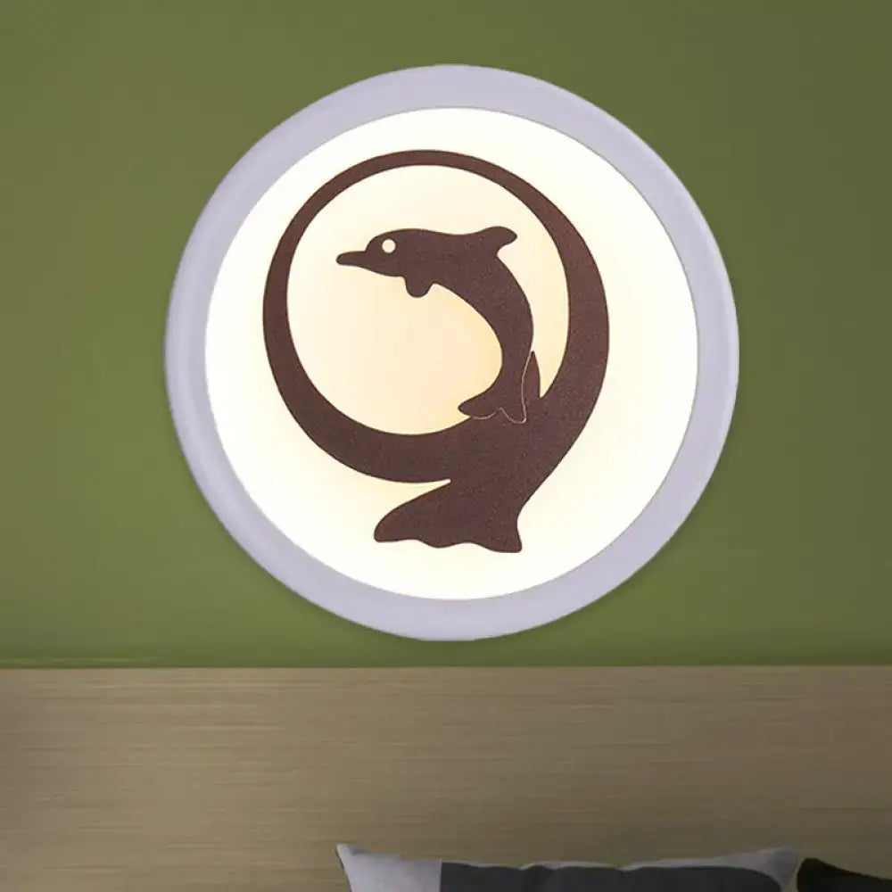 Dolphin iron white circular led ceiling light with smd bulb and dark brown dolphin silhouette for kids bedroom