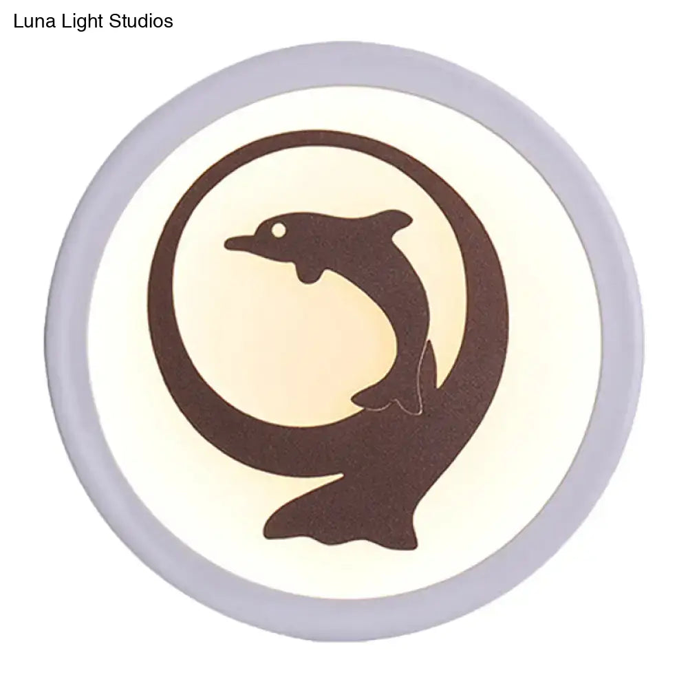 Dolphin iron white circular led ceiling light for kids bedroom with smd bulb and brown dolphin silhouette on off-white background