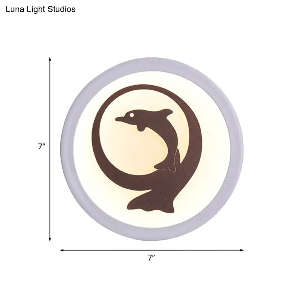 Circular dolphin iron white led ceiling light with smd bulb and gray frame featuring a brown dolphin silhouette