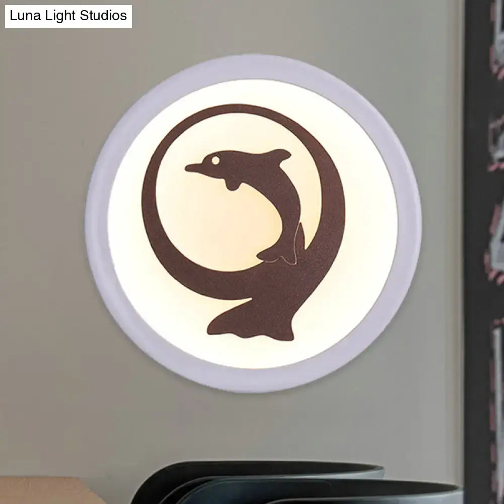 Dolphin iron white circular led ceiling light with smd bulb and dark brown dolphin silhouette for kids bedroom
