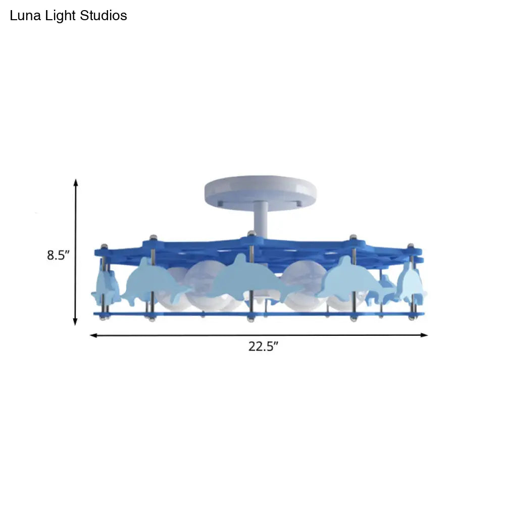 Lámpara de techo DecorBites™ Dolphin Kindergarten - Diseño de dibujos animados, montaje empotrado en metal azul con 6 bombillas