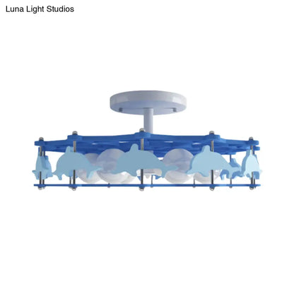 Lámpara de techo DecorBites™ Dolphin Kindergarten - Diseño de dibujos animados, montaje empotrado en metal azul con 6 bombillas