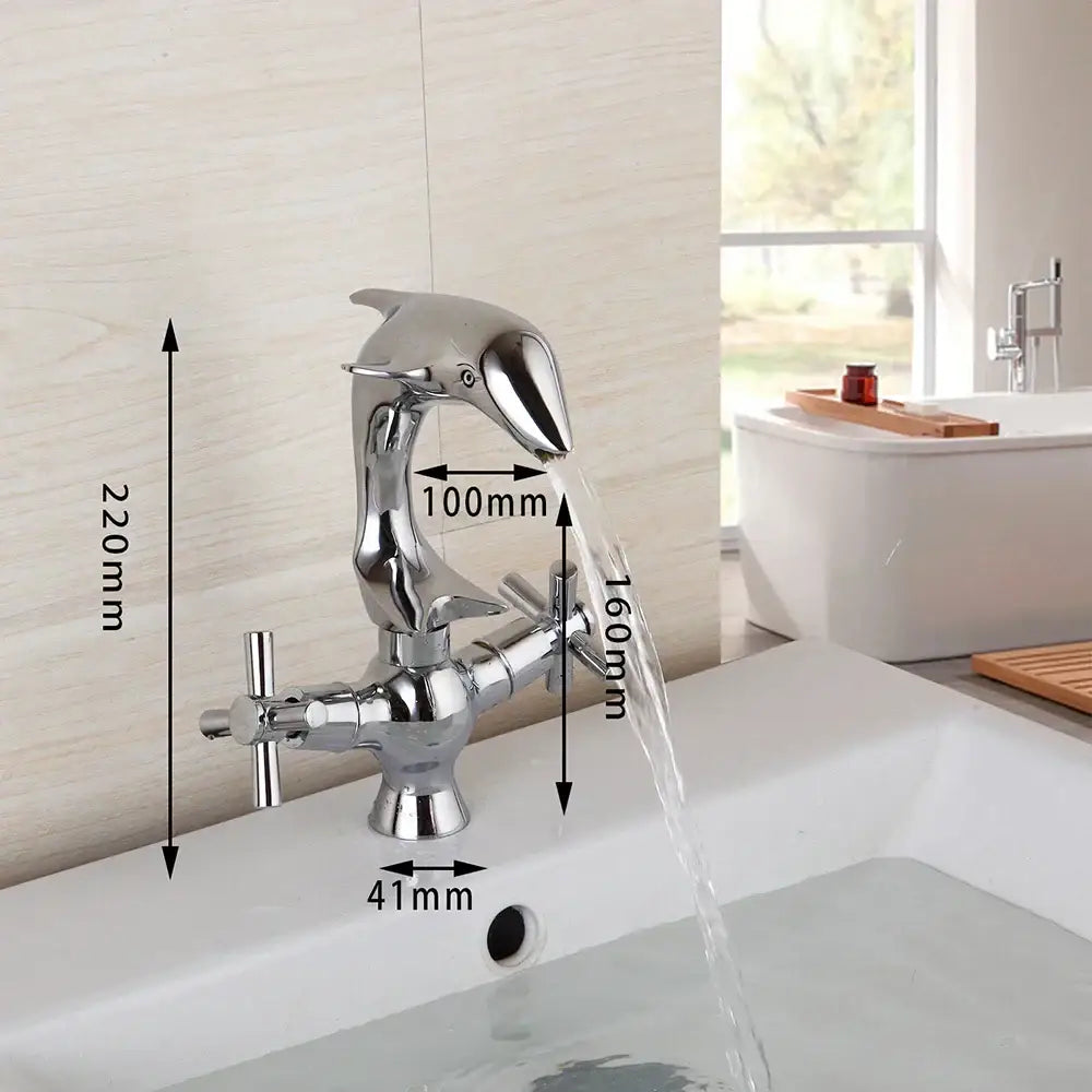 Chrome-finished decorbites dolphin shape bathroom faucet with dual cross handles and sleek reflective surface