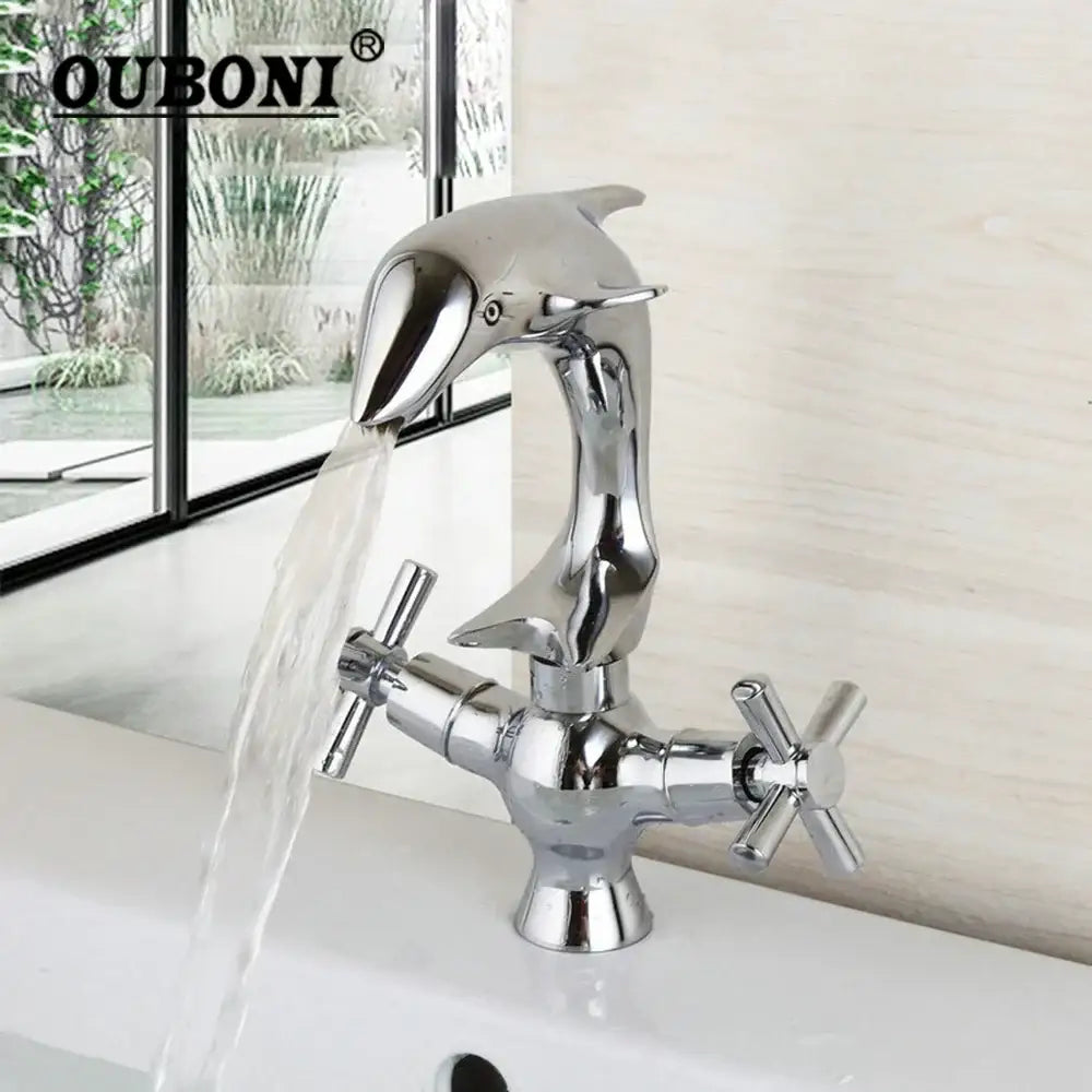 Chrome-finished dolphin shape bathroom faucet with dual cross handles by ouboni for decorbites dolphin shape decorbites dolphin