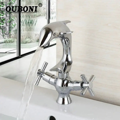 Chrome-finished dolphin shape bathroom faucet with dual cross handles by ouboni for decorbites dolphin shape decorbites dolphin