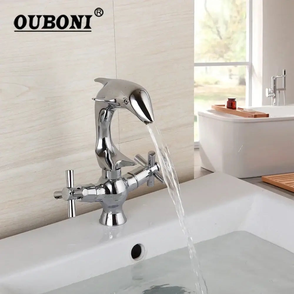 Chrome finished dolphin shape polished chrome bathroom faucet with dual cross handles by decorbites dolphin shape design