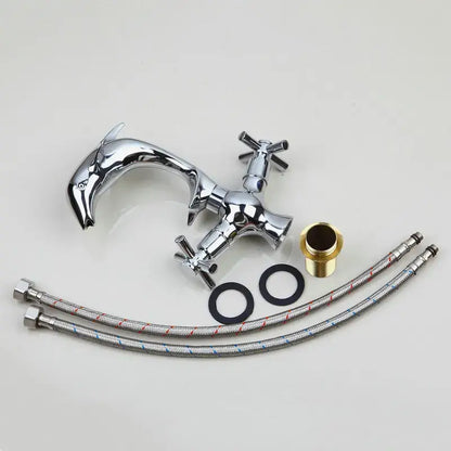 Chrome-finished dolphin shape bathroom faucet with dual cross handles and matching braided hoses by decorbites dolphin shape