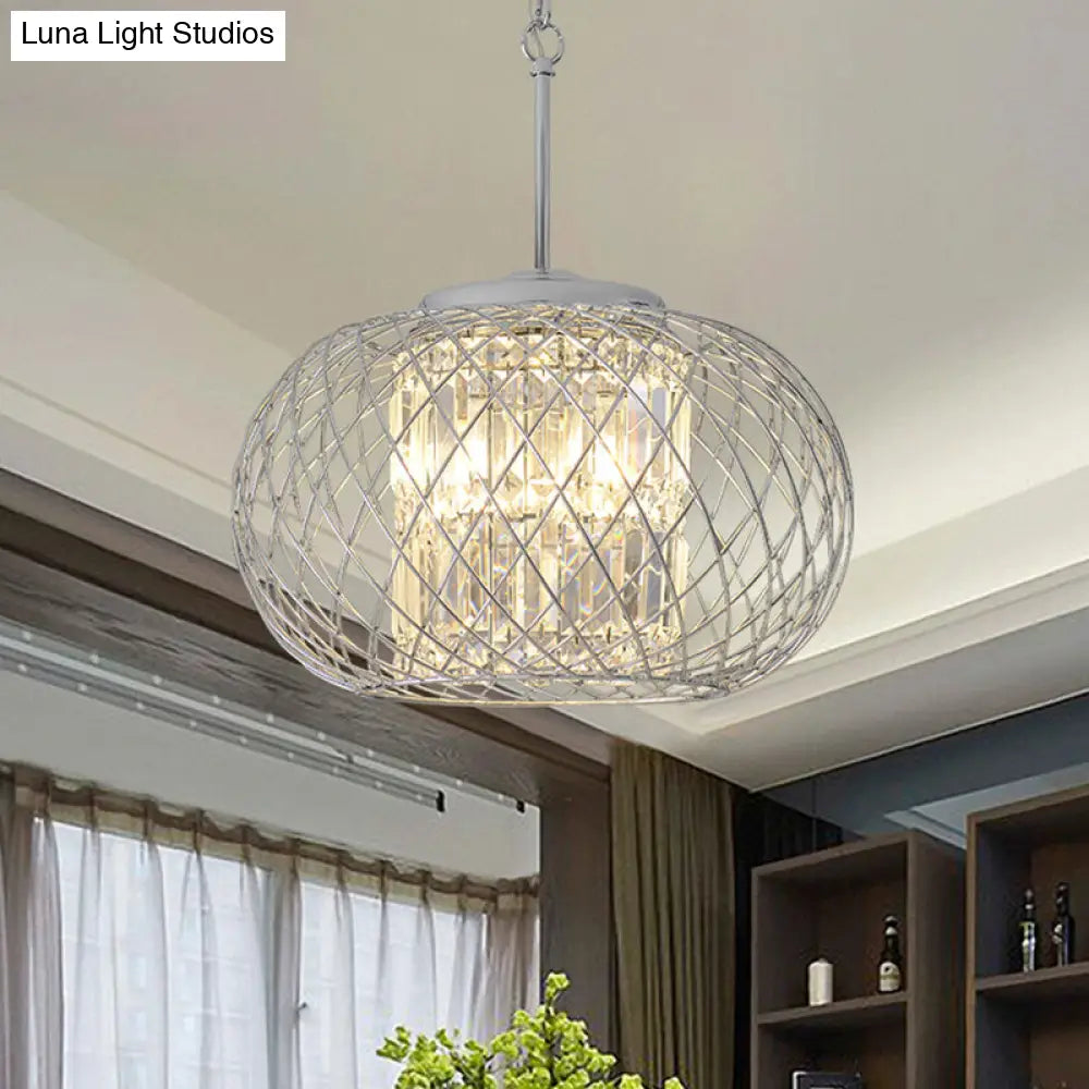 Dome Cage Crystal Block Chandelier: Modern Chrome Dining Room Lighting with 3 Lights
