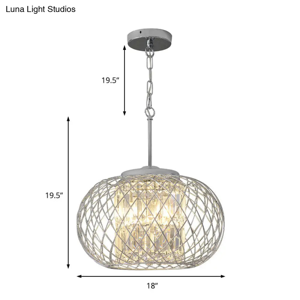 Dome Cage Crystal Block Chandelier: Modern Chrome Dining Room Lighting with 3 Lights