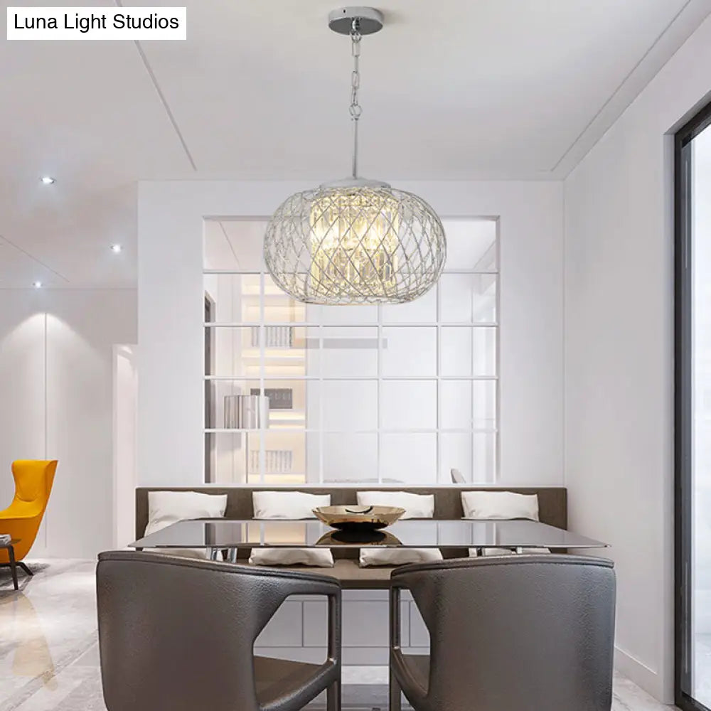 Dome Cage Crystal Block Chandelier: Modern Chrome Dining Room Lighting with 3 Lights