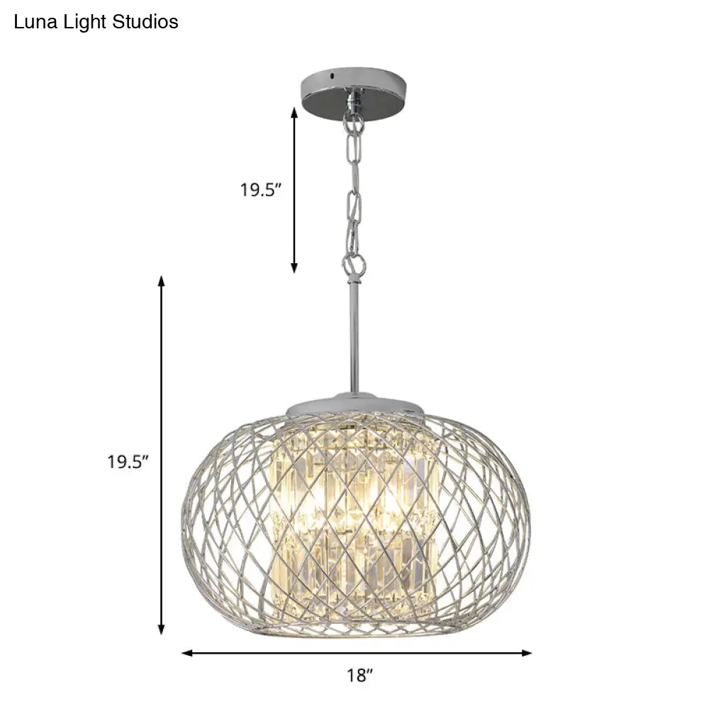Dome Cage Crystal Block Chandelier: Modern Chrome Dining Room Lighting with 3 Lights