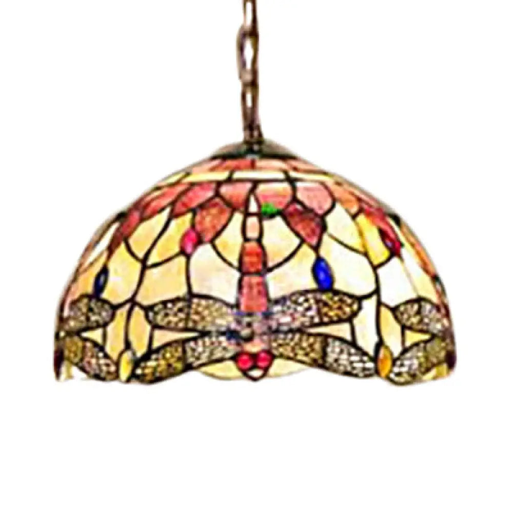 Dome Ceiling Lamp: Tiffany Shell, Pink Dragonfly Pattern, 3-Bulb Pendant Light - 12"/16" Wide