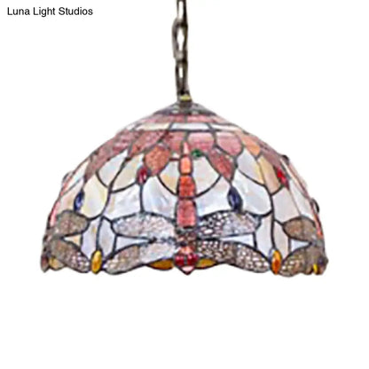 Dome Ceiling Lamp: Tiffany Shell, Pink Dragonfly Pattern, 3-Bulb Pendant Light - 12"/16" Wide