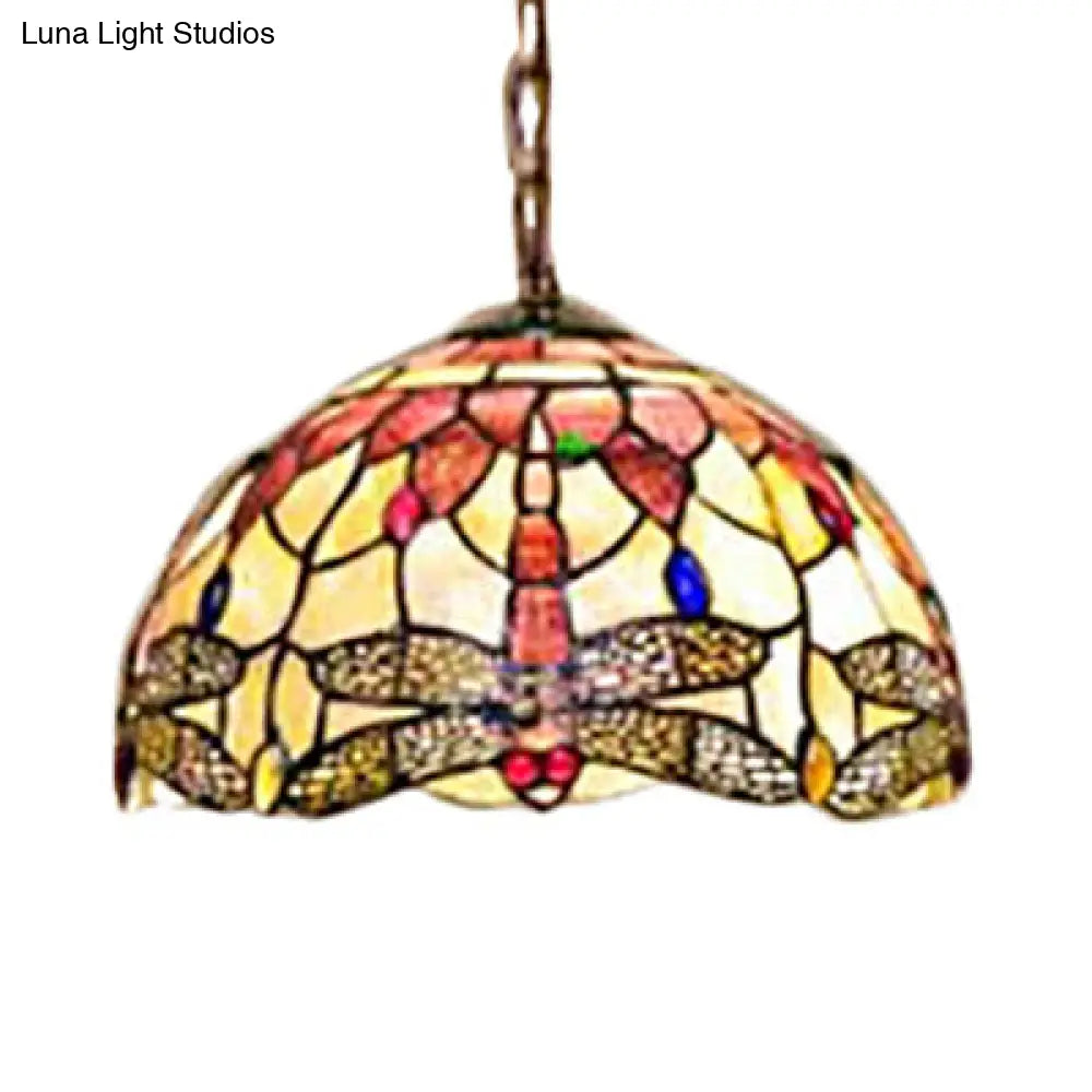 Dome Ceiling Lamp: Tiffany Shell, Pink Dragonfly Pattern, 3-Bulb Pendant Light - 12"/16" Wide