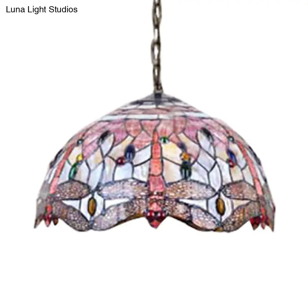 Dome Ceiling Lamp: Tiffany Shell, Pink Dragonfly Pattern, 3-Bulb Pendant Light - 12"/16" Wide