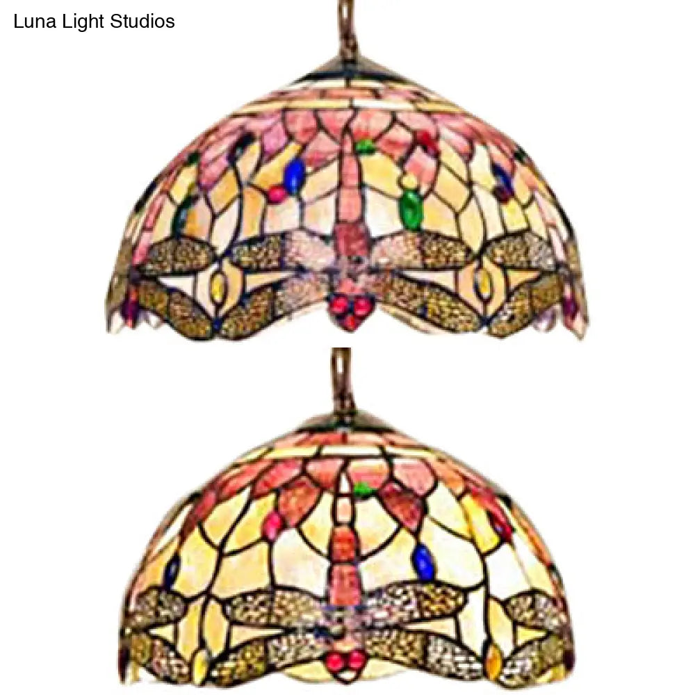 Dome Ceiling Lamp: Tiffany Shell, Pink Dragonfly Pattern, 3-Bulb Pendant Light - 12"/16" Wide