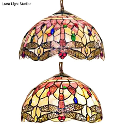 Dome Ceiling Lamp: Tiffany Shell, Pink Dragonfly Pattern, 3-Bulb Pendant Light - 12"/16" Wide