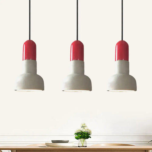 Dome Industrial Cement Pendant Light Fixture - Grey with Red/Black/Wood Accents