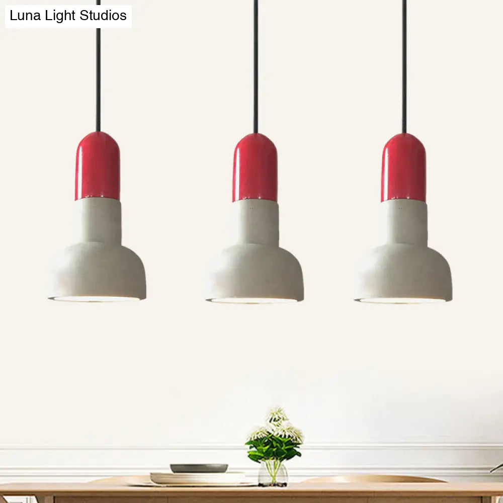 Dome Industrial Cement Pendant Light Fixture - Grey with Red/Black/Wood Accents