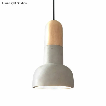 Dome Industrial Cement Pendant Light Fixture - Grey with Red/Black/Wood Accents