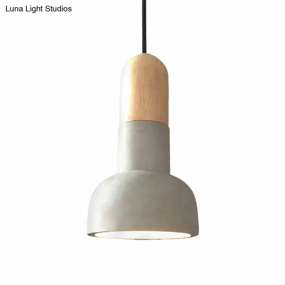 Dome Industrial Cement Pendant Light Fixture - Grey with Red/Black/Wood Accents