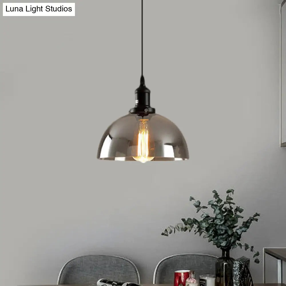 Dome Pendant Industrial Hanging Lamp - 1-Light, 10"/12" Wide, Smoked Glass, Black Finish