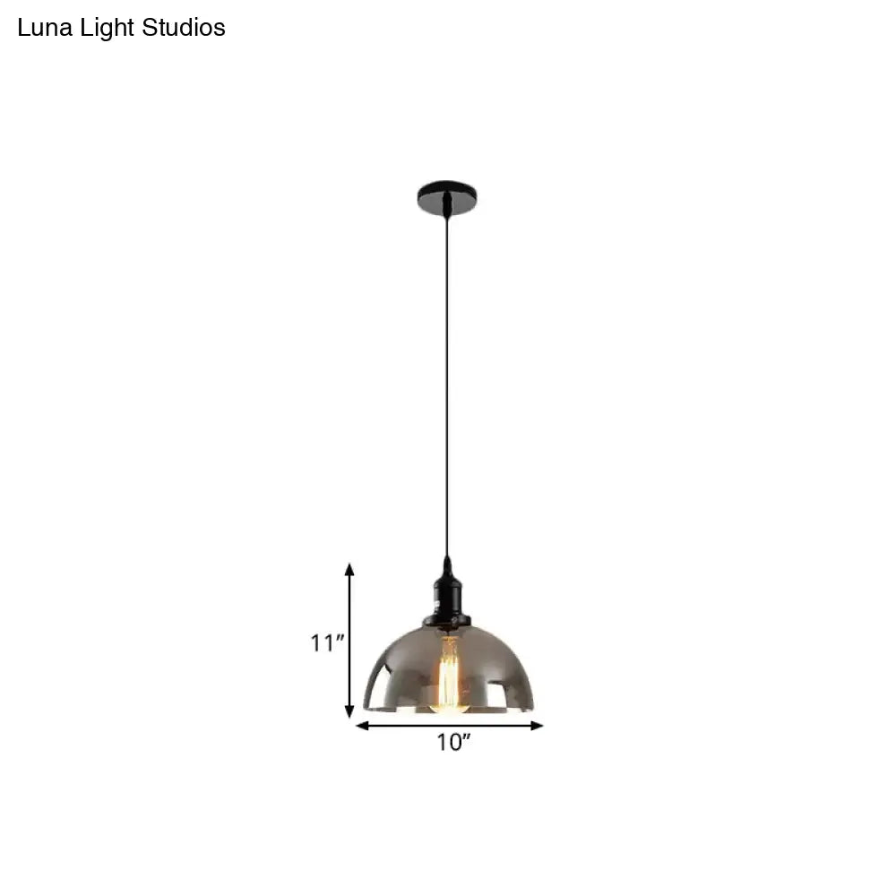 Dome Pendant Industrial Hanging Lamp - 1-Light, 10"/12" Wide, Smoked Glass, Black Finish