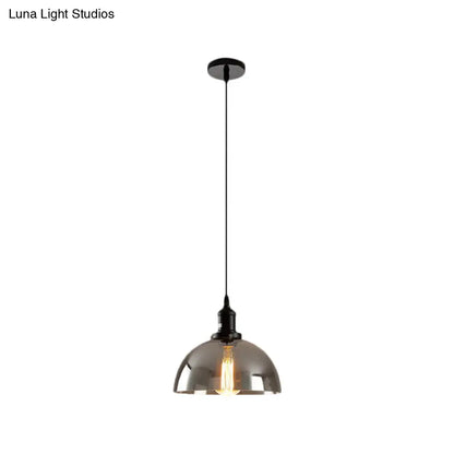 Dome Pendant Industrial Hanging Lamp - 1-Light, 10"/12" Wide, Smoked Glass, Black Finish